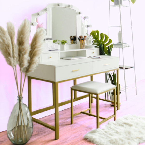 Vanity mirror desk with chair