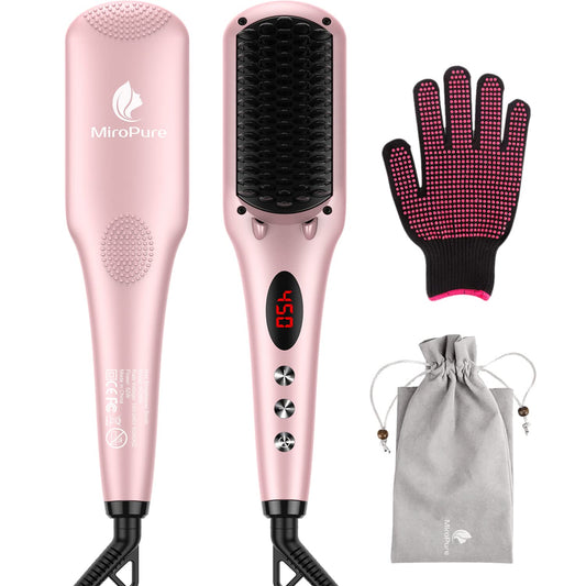 MiroPure 2 in 1 Ionic Hair Straightener Brush with Heat Resistant Glove, 30 Seconds Fast Heating, and 60 Minutes Auto-off